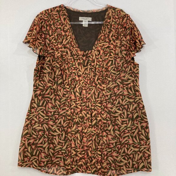 Vintage Nine West size 16W Multi Abstract Pure Silk Flutter Sleeve Pintuck Top - Picture 1 of 11